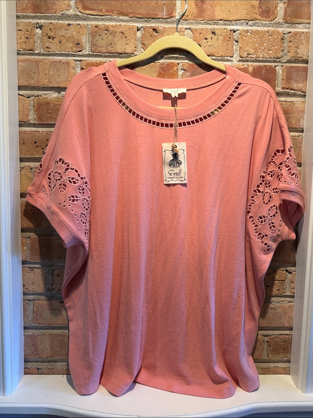Easel Coral Pink Eyelet Embroidered Boho Short Sleeve Knit Top-NWT-Sz M
